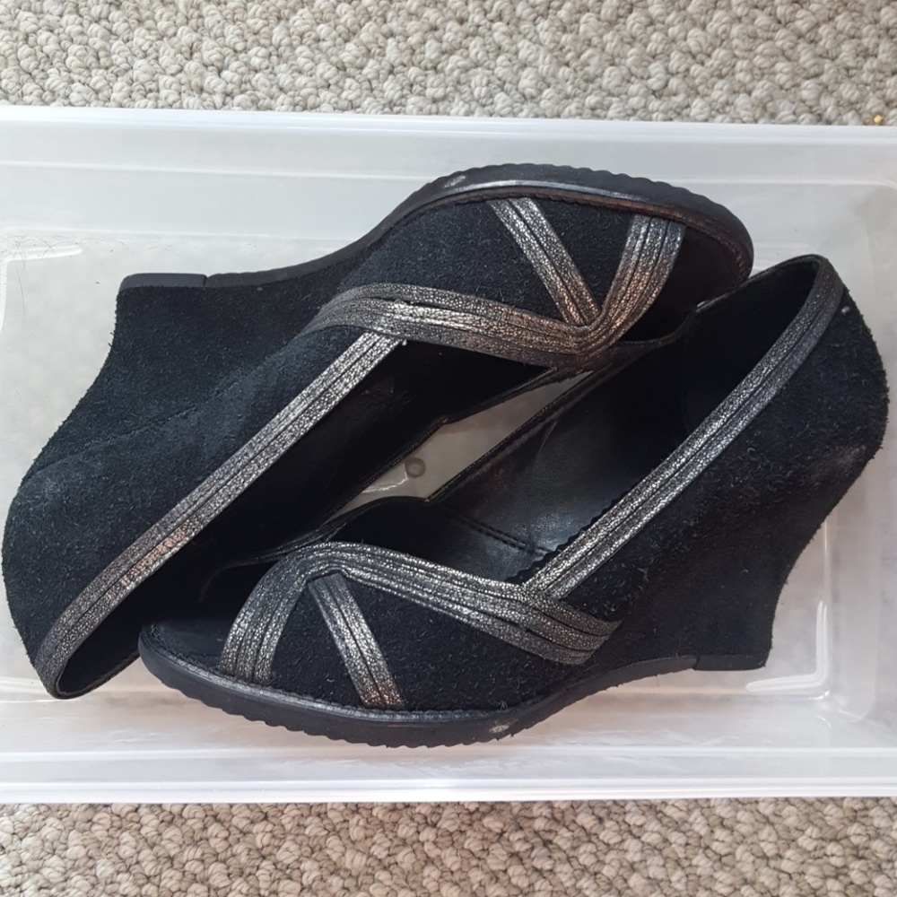 Black and Silver Faux Suede Wedges